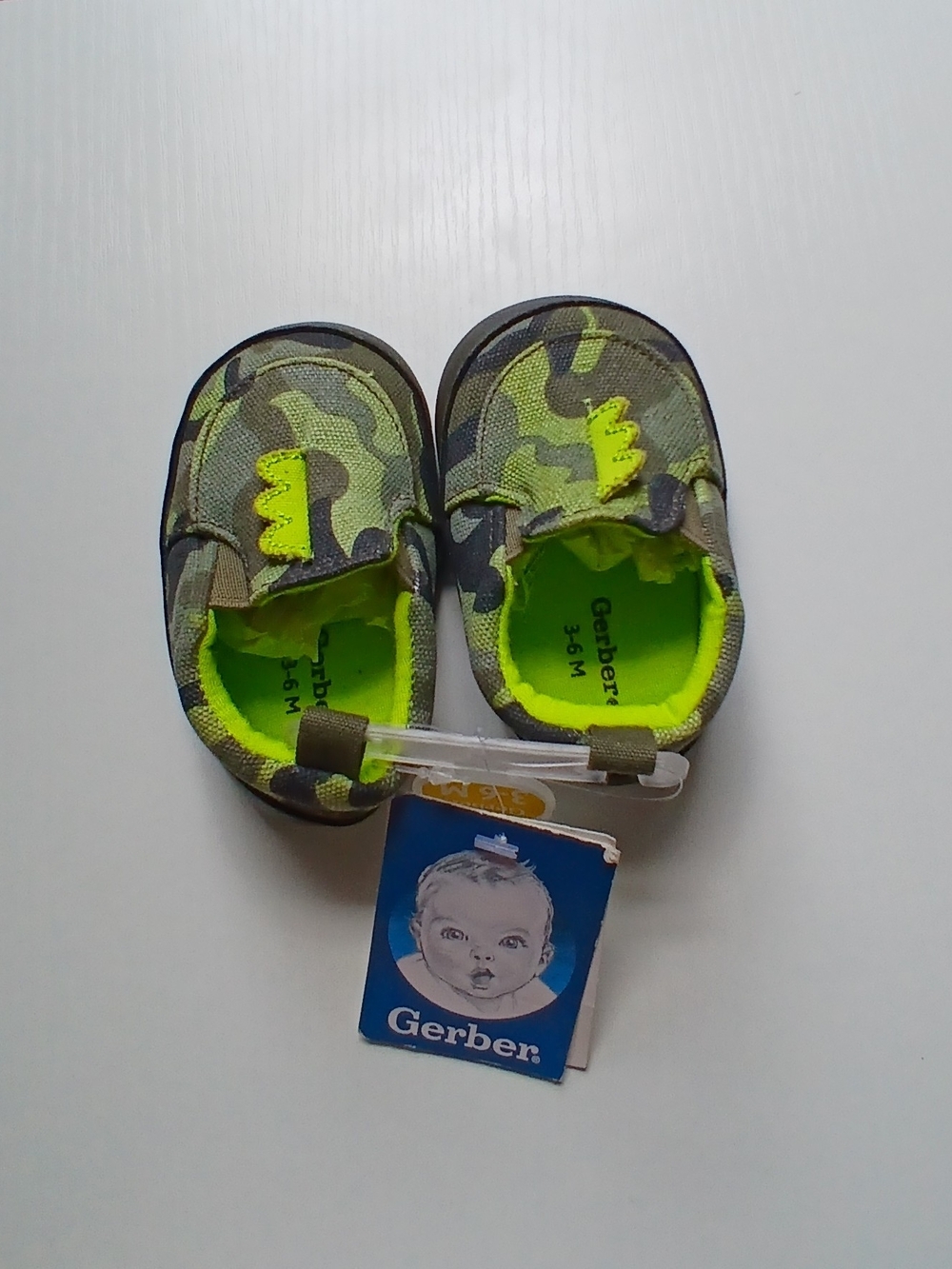 Gerber Camo Baby Slip-On Shoes with Neon Green Accents